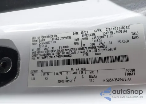 2023 Ford F-150 Xl z USA, uszkodzony, nr VIN 1FTMF1CBXPKF60853